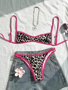 Swim Mod Bộ bikini hai mảnh gợi cảm buộc dây cổ họa tiết da báo dành cho nữ, thích hợp mặc đi biển mùa hè. - Màu Hồng Tươi - Xem 1