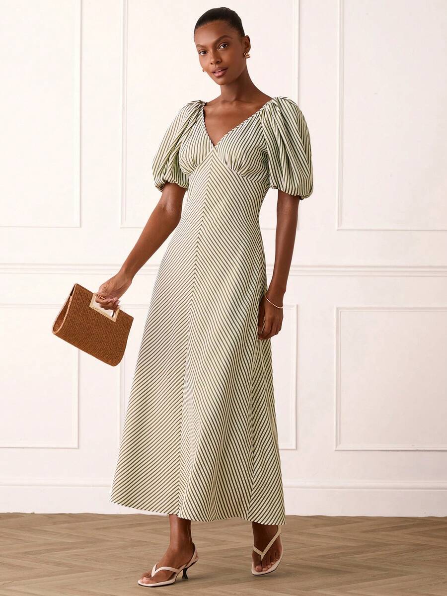 Lilora Vestido de mujer elegante con mangas de pétalos a rayas