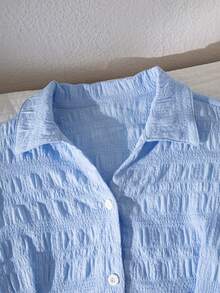 Tween Girl Light Blue Gingham Button-Up Blouse,Puff Sleeve Ruffled Hem Cute Summer Top For Beach,Vacation,Holiday,School Days Or Daily Stylish Looks - Blue - View 4