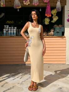 Selianne 春夏贝壳刺绣元素女士吊带针织连衣裙 - 駝色 - 查看 8