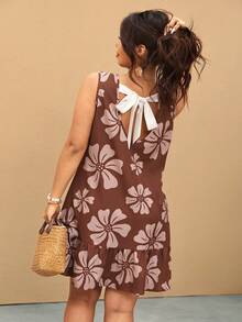 Elaquor Đầm mùa hè cỡ lớn in hoa, hở lưng, buộc dây. - Cà phê nâu - Xem 8
