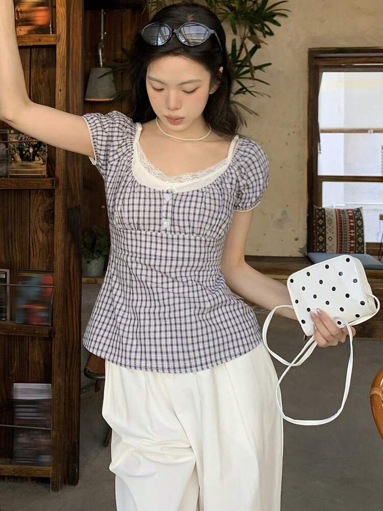 Women's Korean Style Blue Plaid Puff Sleeve Blouse Summer