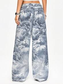 ROMWE Grunge Punk Quần jean ống rộng in họa tiết thạch cao cổ điển thời trang thường ngày dành cho nữ - Màu xanh lam - Xem 3