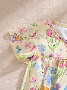 Souflis Souflis 法式新風女嬰幼兒 0-3 歲休閒可愛甜美兔子印花荷葉袖黃色夏季洋裝，花卉野餐服 - 黃色 - 查看 10