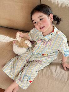 DAZY Young Girl Striped Short Sleeve Button-Up Pocket Top And Pants Loungewear Set - Multicolor - View 7