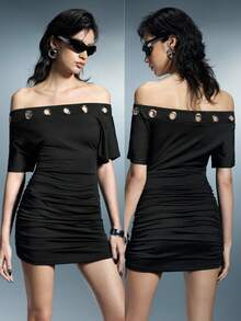 Airlisse Women's Off Shoulder Fitted Black Mini Dress, Black Gold, Summer, Chic, Club, Silver Eyelet Decoration, Punk Edgy, Y2K Style Party Date Wear - Black - View 8
