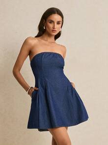 Poéselle Women's Casual Strapless Denim Dress For Summer - Blue - View 1