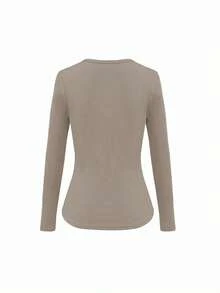 EMERY ROSE 3pcs Women's Solid Color Round Neck Long Sleeve Ribbed Fitted Casual T-Shirts - Multicolor - View 3