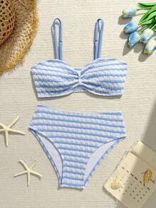 SHEIN Tween Girls' Blue & White Striped Ruched Bust Bikini Set, Beach/Vacation - Blue - View 1