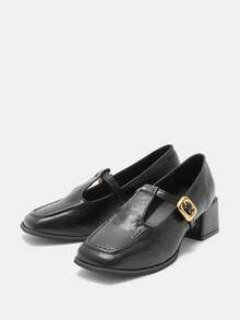 复古玛丽珍女鞋，2025年秋季新款法式优雅粗跟高跟鞋，低帮皮革，优雅 - 黑色 - 查看 4