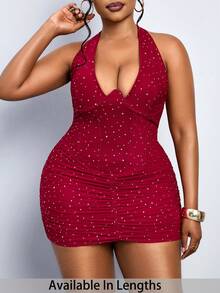 SHEIN PETITE CURVE Plus Size Women Solid Color Rhinestone Pleated Sexy Halter Dress Bling Dress Red Sparkly Dress Night Club Dress Red Rhinestone Dress - Red - View 1