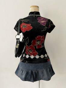 Lalippa 女士花卉印花优雅高领短袖夏季时尚T恤 - 黑色 - 查看 2