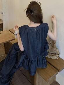 FRIFUL Bộ đồ nữ thường ngày gồm áo cổ tròn, viền bèo nhún và quần jeans ống rộng. - Màu xanh lam - Xem 4