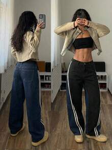 StreetHx 女士时尚休闲运动阔腿直筒牛仔裤 - 黑色 - 查看 7