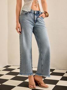 RueChic Quần Jean Thẳng Rách Cạp Thấp Snow Wash - Rửa trung bình - Xem 2