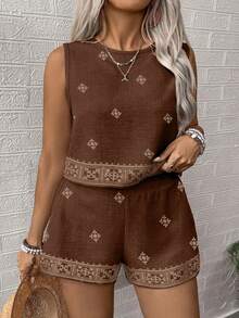 SHEIN LUNE CURVE Large-Sized Woven Printed Casual Summer Women's Two Pieces Set Brown 2 Piece Set Casual Two Piece Set Women Summer 2 Pieces Sets Comfortable Two Piece Set - Brown - View 1
