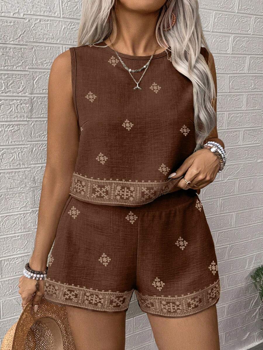 SHEIN LUNE CURVE Large-Sized Woven Printed Casual Summer Women's Two Pieces Set Brown 2 Piece Set Casual Two Piece Set Women Summer 2 Pieces Sets Comfortable Two Piece Set - Brown - View 1