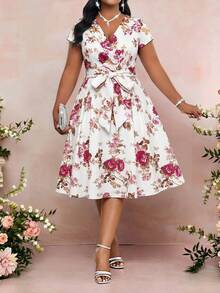 SHEIN Lady 大码优雅印花连衣裙，夏季 - 彩色 - 查看 3