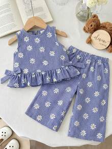 SHEIN Set de 2 piezas de camiseta de tirantes con volantes y pantalones para bebé niña en verano - Multicolor - Ver 3