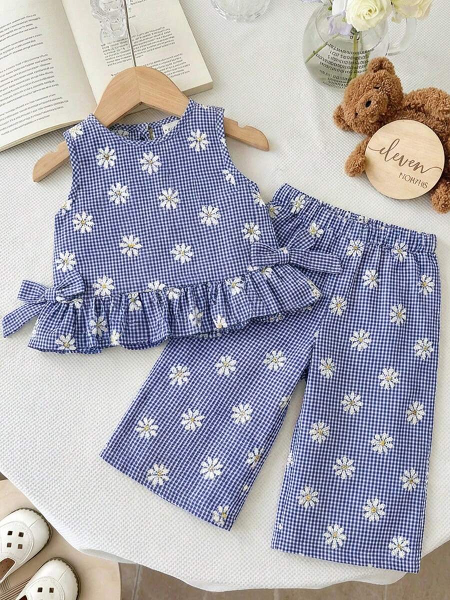 SHEIN 2件套女婴夏季可爱荷叶边吊带背心和裤子套装 - 彩色 - 查看 1