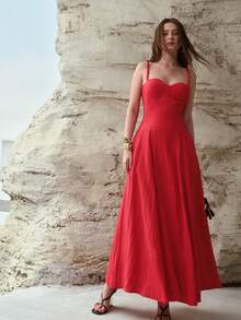 MOTF PREMIUM 女士亚麻束腰长款吊带裙 - 紅色 - 查看 7