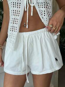 SHEIN EZwear 女士休闲白色刺绣梭织短裤 - 白色 - 查看 5