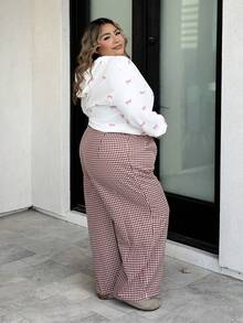 Enliva 大码复古红格子高腰阔腿裤，优雅的办公室/通勤装 - 酒紅色 - 查看 3