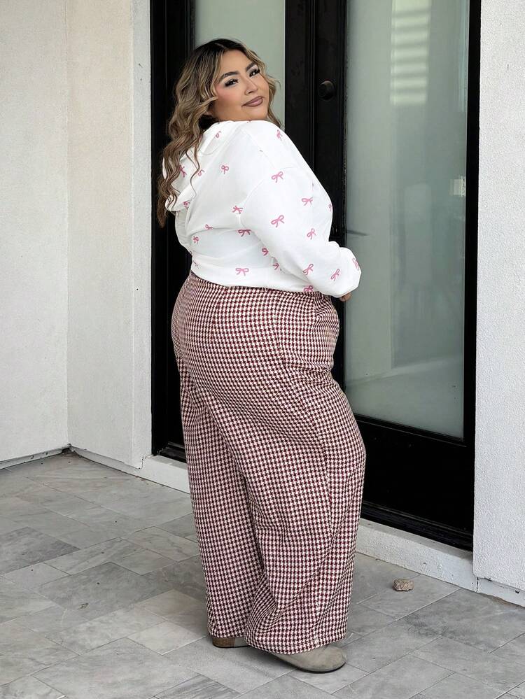 Enliva 大码复古红格子高腰阔腿裤，优雅的办公室/通勤装 - 酒紅色 - 查看 3