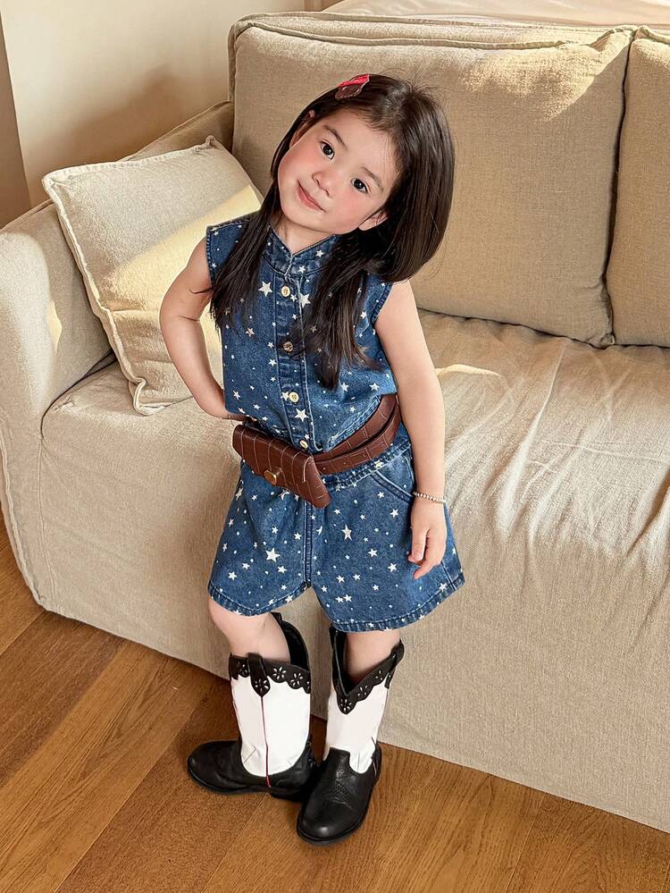 Young Girl 5-Pointed Star Pattern Single-Breasted Vest And Denim Shorts Set