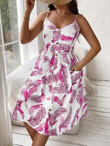 Ceyna Plus Size Spaghetti Strap Feather Print Button Dress - Multicolor - View 1