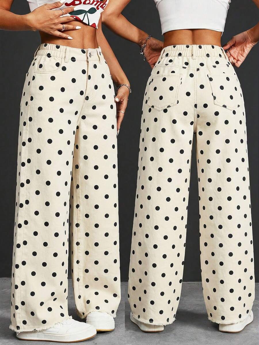 SHEIN PETITE Women's High Waist Polka Dot Pocket Wide Leg Loose Casual Jeans - Black and White - View 1