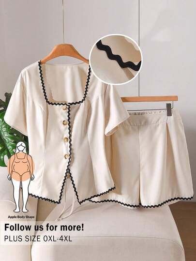 CosyJoli Plus Size Women Square Neck Short Sleeve Single-Breasted Shirt And Shorts Casual 2 Pieces Set Women Matching Set 2 Pieces Set For Women Elegant Suits For Woman Set Lounge Wear Women Sets Spring/Summer Outfit Sets For Women