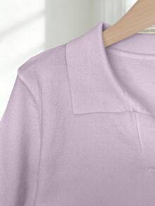 Nuevo 2026 Blusa de punto de unicolor simple con cuello vuelto y manga corta, ajustada y casual, versátil para primavera y verano - Marrón - Ver 10