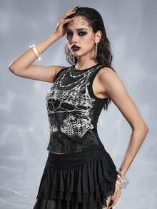 ROMWE Grunge Punk Top corto ajustado de estilo punk con cadena y red de pesca rasgada para mujeres - Negro - Ver 6