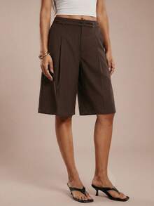 SHEIN Forever 21 女士休闲纯色工装口袋百慕大短裤 - 棕色 - 查看 6