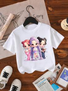Girls' Cute Cartoon K-POP Girl Group 3 Girls Graphic Print Round Neck Short Sleeve Casual Top, Suitable For Daily Play, Travel Or Holiday Wear - White - View 3