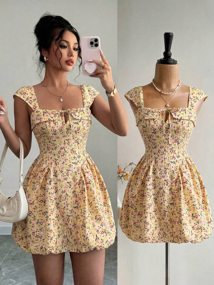 Elenzga 系带A字连衣裙，方领短袖，优雅浪漫度假风 - 彩色 - 查看 1