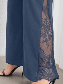 Enliva Plus Size High Waist Wide Leg Pants With Lace Panel And Side Slit, Elegant For Commute And Daily Wear, Spring/Summer, For Apple And Rounded Body Shape - Dusty Blue - View 5