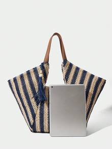 Large Capacity Bohemian Woven Straw Tote Bag With Fringe And Striped And Plain PU Handles For Beach Vacation Summer - Krem - View 6