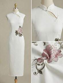EastFlair Đầm dài thêu hoa thanh lịch dành cho nữ, thích hợp cho mùa hè. - trắng - Xem 7