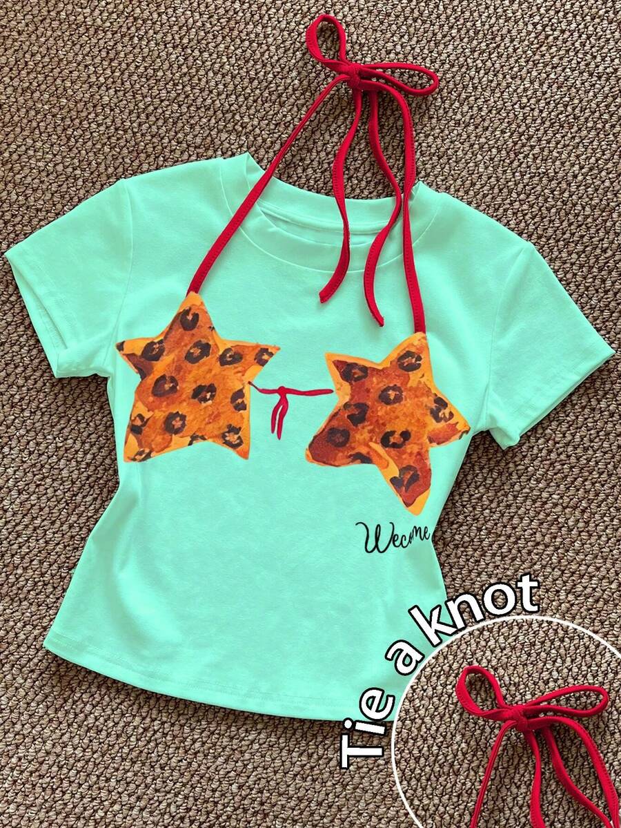INAWLY T-shirt à col rond à manches courtes, coupe regular, imprimé bikini pour femmes - Vert - Voir 1