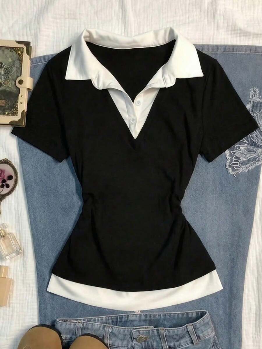 Teen Girls Black & White Polo Collar Short Sleeve Casual T-Shirt - Black and White - View 1