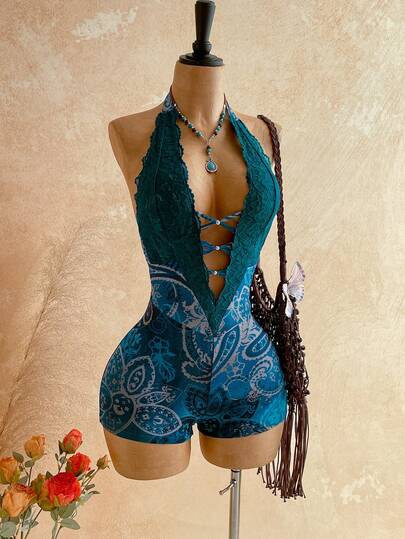 Soleia Women's Vacation Cashew Floral Print Contrast Lace Plunging Neck Romper