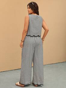 Elaquor Bộ đồ 2 món cỡ lớn: Áo tank top cổ tròn in họa tiết kẻ caro và quần ống rộng. - Đen và trắng - Xem 2