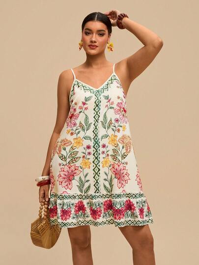Travachic Đầm nữ họa tiết nhiệt đới dáng rộng bất đối xứng không tay, trang phục thường ngày đi biển mùa hè, cỡ lớn.