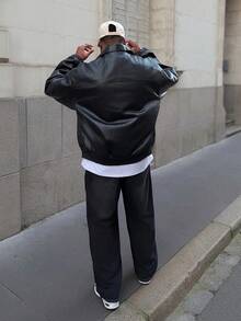 Heavens Edit 男士秋季字母图案长袖拉链翻领休闲PU皮夹克，复古飞行员夹克，派对字母夹克，送给朋友、丈夫、男友的礼物，街头风，秋冬季情侣装 - 黑色 - 查看 4