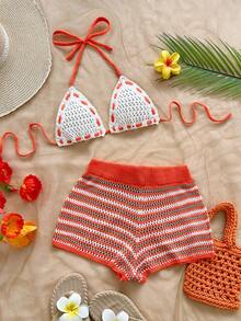 Soleia Spring & Summer Casual Vacation Western Beach Wedding Guest Attire, Graduation Brunch, St. Patrick's Day Spring Break, Easter Music Festival, Elegant Boho Tropical Chic Blue Striped Knit 2 Pieces Set - Orange - View 1