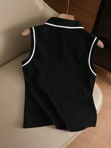 EMERY ROSE Contrast Color Polo Collar Knit Embroidered Sleeveless Vest - Black - View 2
