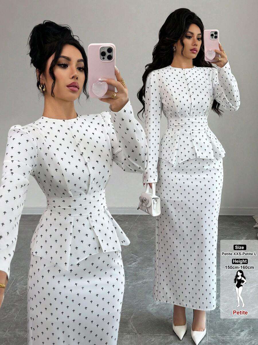 SHEIN PETITE Women's Elegant Pearl Button Blouse + Split Hem Skirt 2 Pieces Set - White - View 1