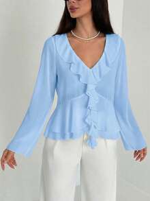 Aloruh Blusa ajustada de manga larga con volantes, cuello en V profundo y puños acampanados, de estilo bohemio, para uso diario y de oficina, de moda minimalista para mujer - Celeste - Ver 5